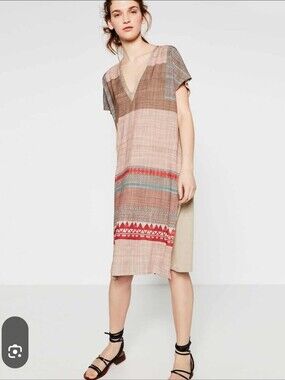 Zara Brown Dress/Tunic with Blue and Red Stripe Accents